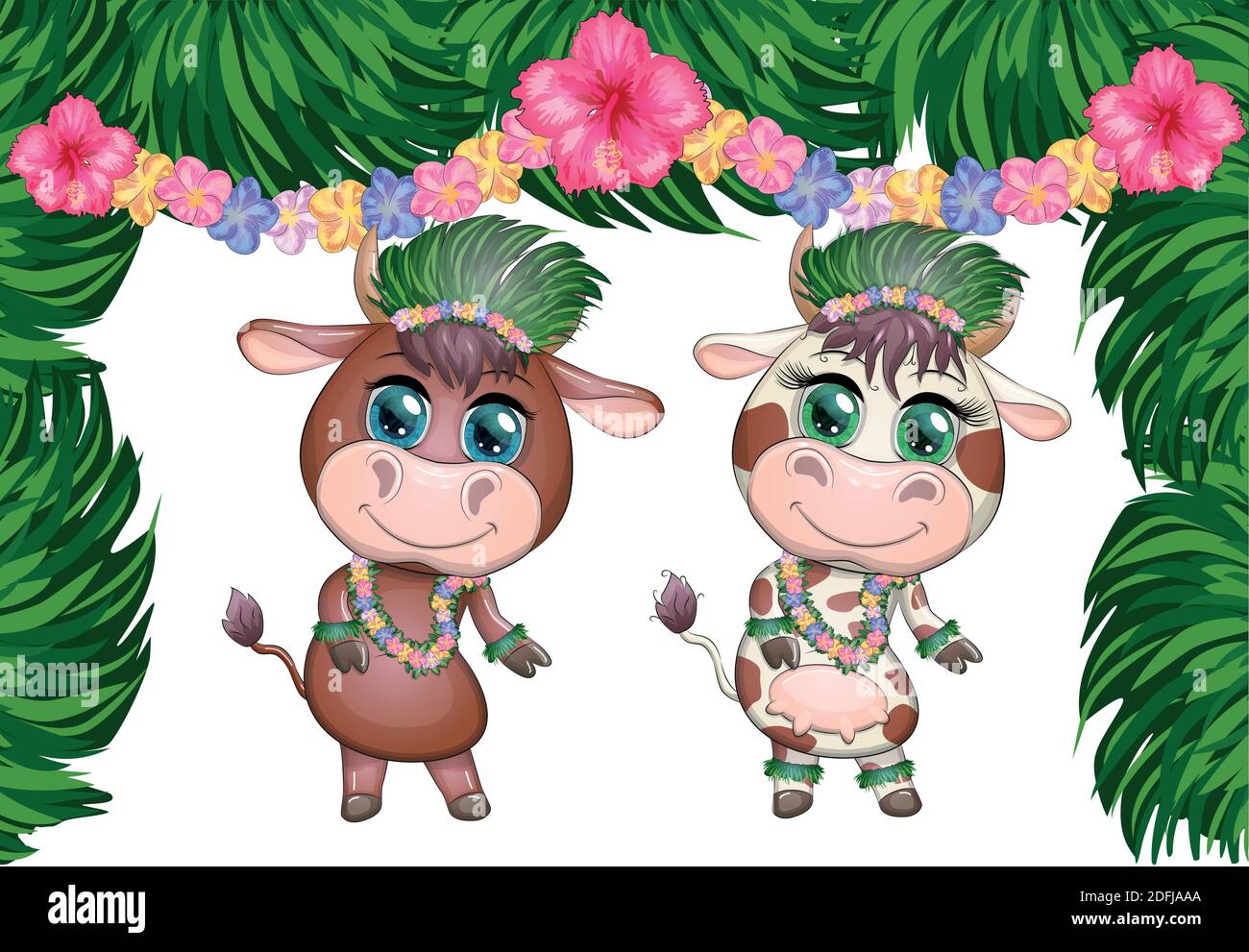 A pair of cute cartoon bull and cow with beautiful eyes is the character of a Hawaiian hula dancer among leaves, flowers. Funny bull dance. 2021 year Stock Vector Image & Art - A pair of cute cartoon bull and cow with beautiful eyes is the character of a Hawaiian hula dancer among leaves, flowers. Funny bull dance. 2021 year Stock Vector Image & Art -