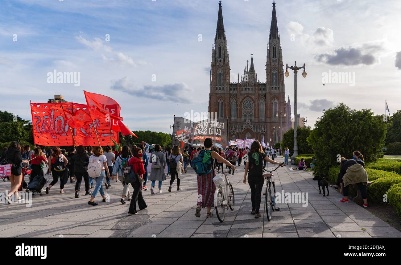 La Plata, Buenos Aires Province, Argentina; 12 04 2020: Claim of legalization of abortion in Argentina. Green scarves protested in front of the church Stock Photo