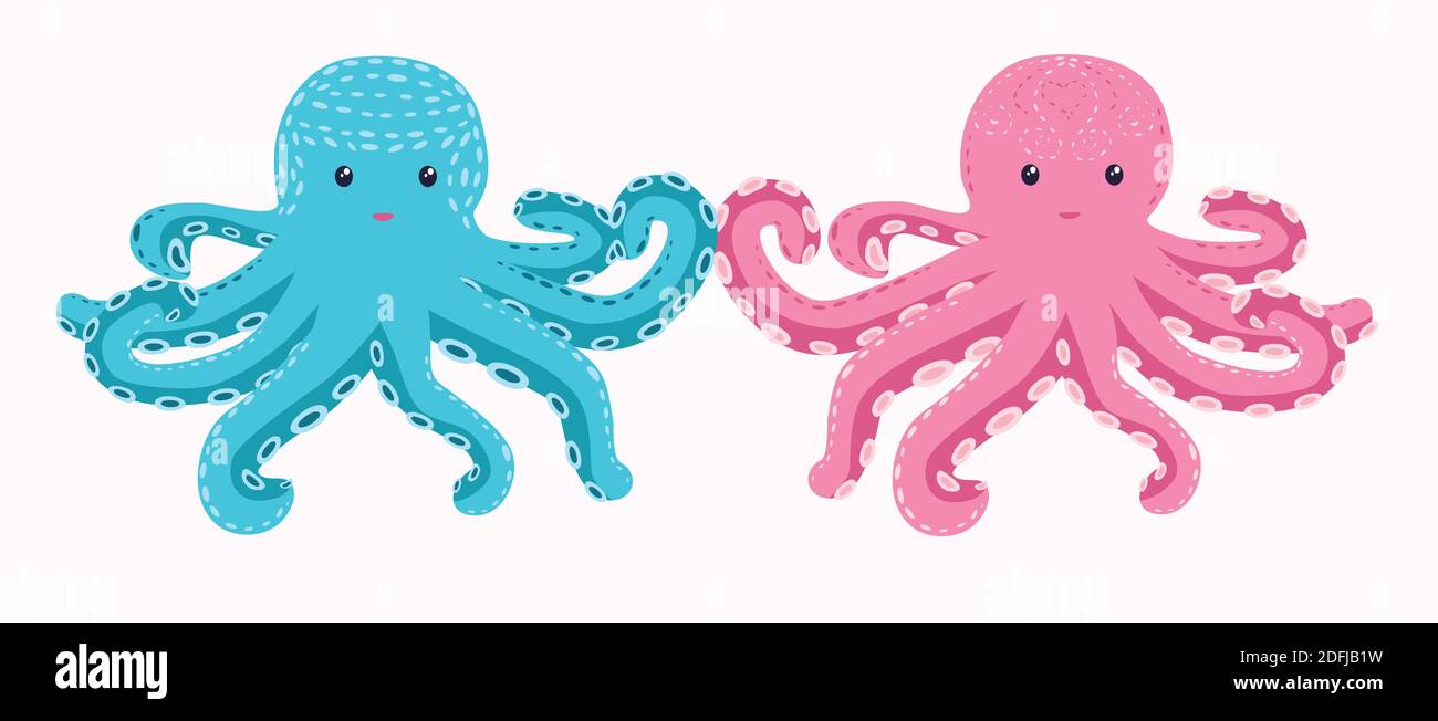 Happy Pink, Turquoise Octopus Cartoon Mascot Character. Marine inhabitants, Scandinavian style, hand drawn Stock Vector