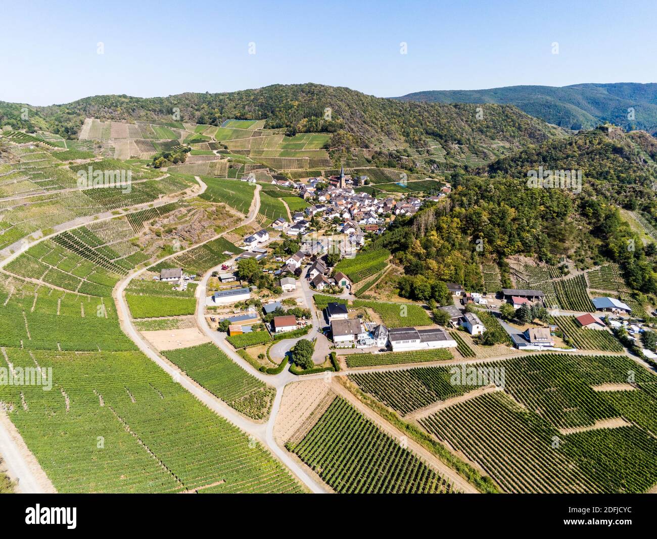 Aerial view of the Rotweinwanderweg at Mayschoß, Mosel region, Germany ...