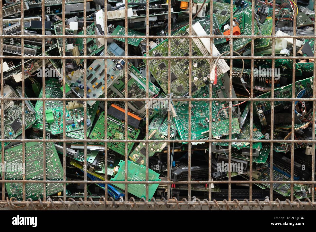 Scrap yard printed circuit board electronic waste for recycling with selective focus. main board electronic waste Stock Photo