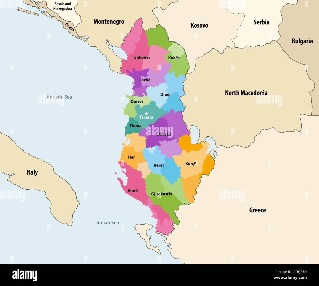 Albania administrative divisions (distrcts) of colored by counties vector map with neighbouring countries and territories Stock Vector