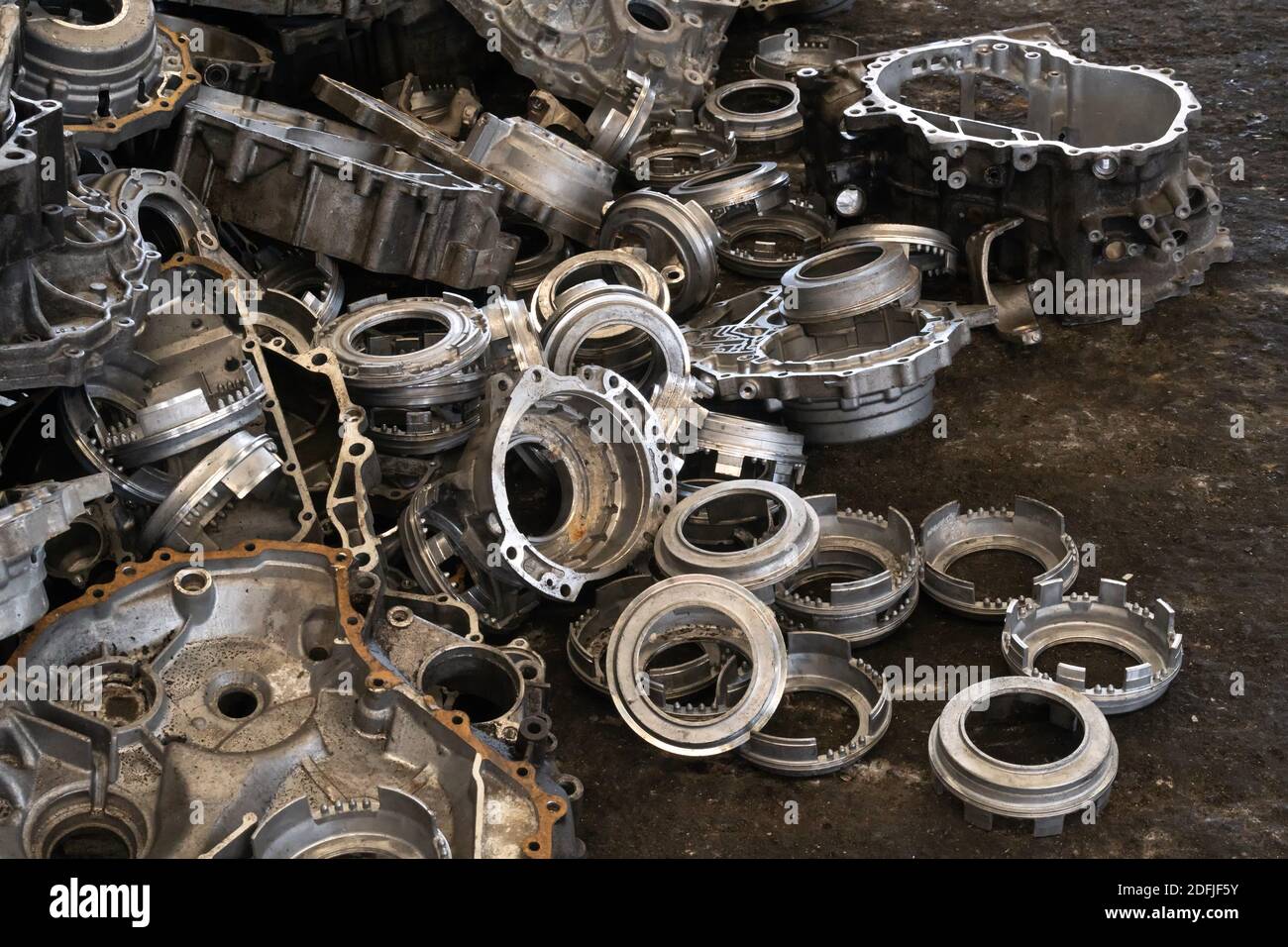 Aluminum engines, gearbox and transmission parts for recycling. Scrap engines parts for recycling. Stock Photo