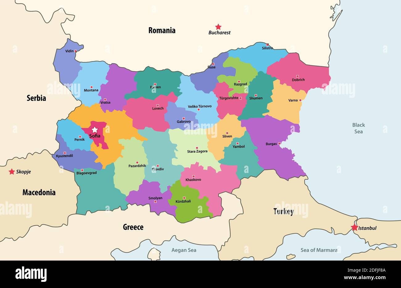 Vector map of Bulgaria provinces, with neighbouring countries and  territories Stock Vector Image & Art - Alamy