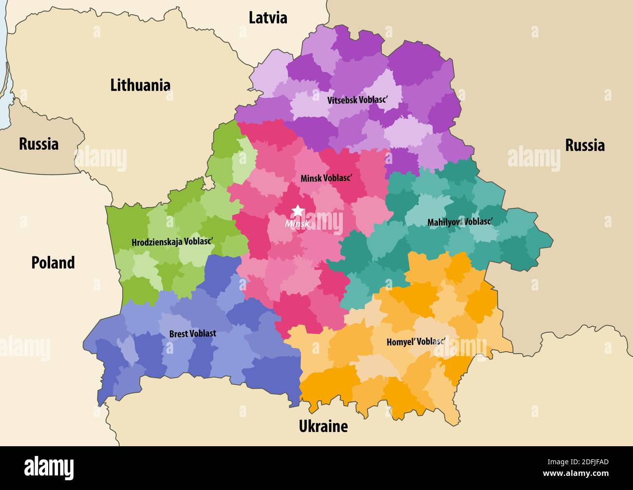 Vector map of Belarus regions colored by administrative districts with neighbouring countries and territories Stock Vector