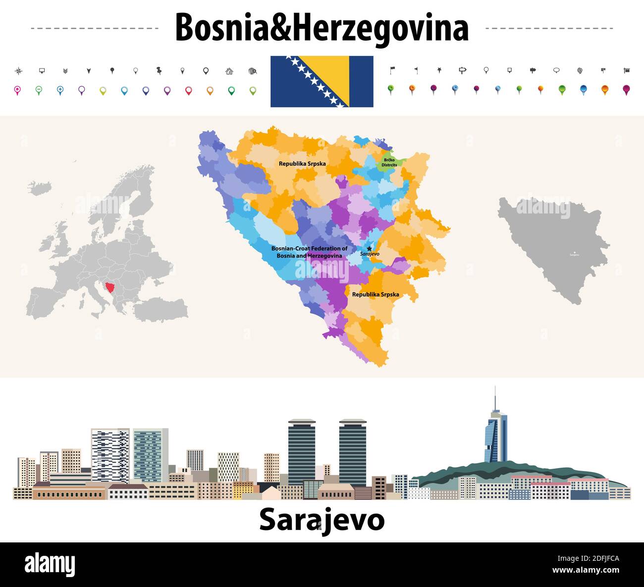 Vector map of Bosnia and Herzegovina municipalities. Sarajevo cityscape. Flag of Bosnia and Herzegovina Stock Vector