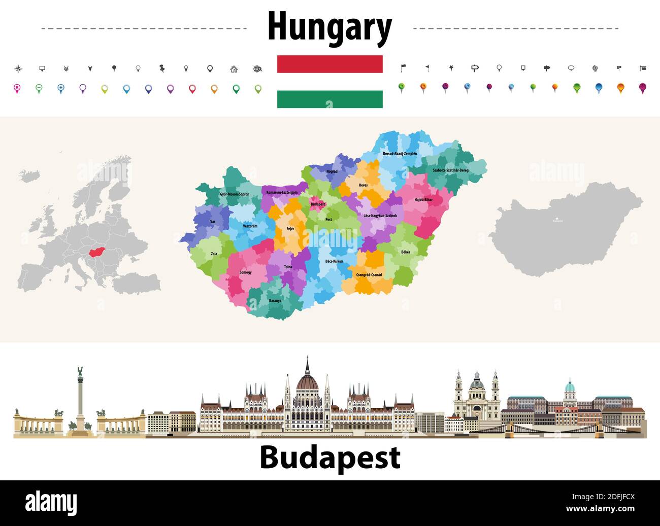 Hungary administrative divisions map. Flag of Hungary. Budapest cityscape. Vector illustration Stock Vector