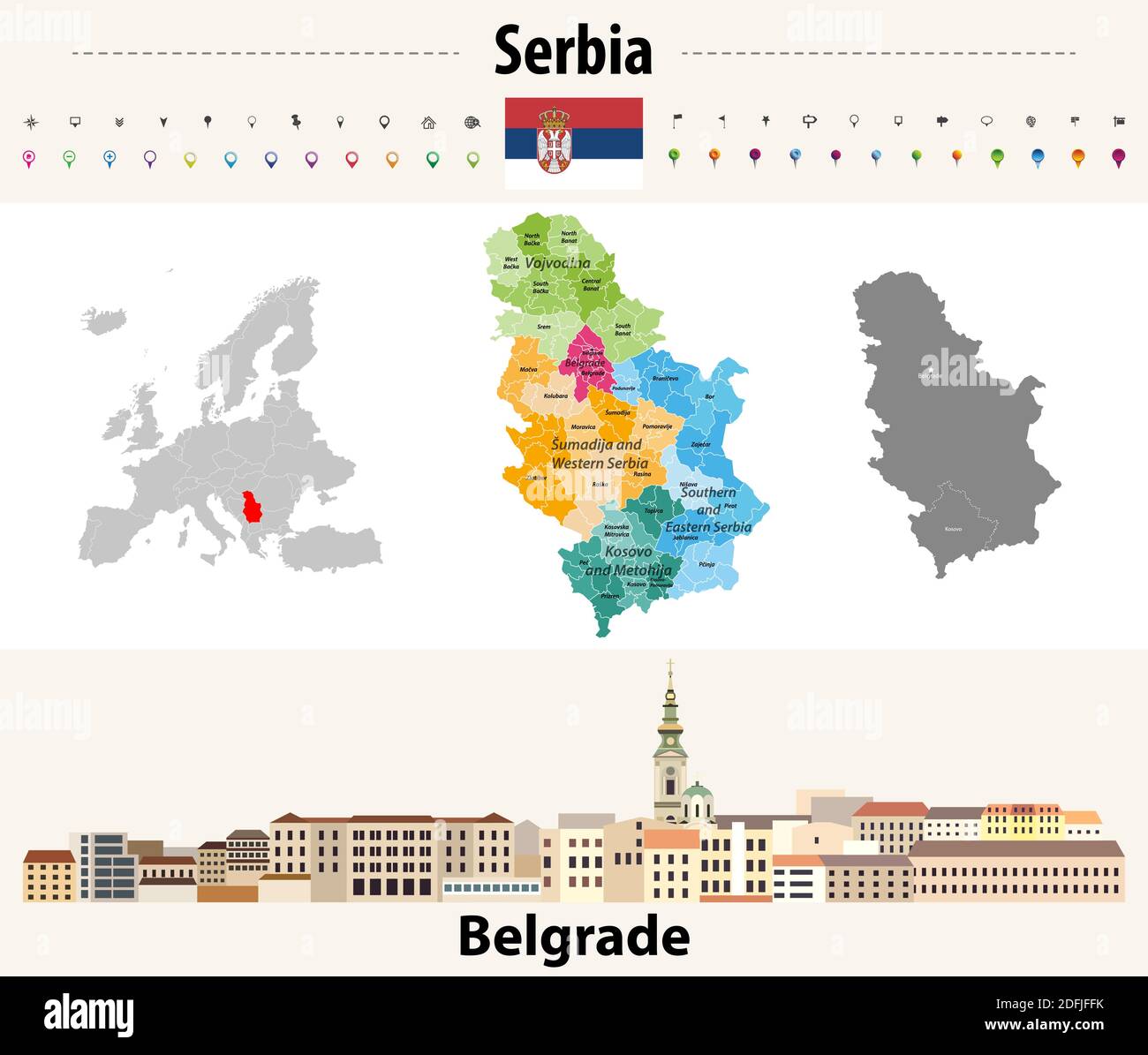 Serbia administrative divisions map. Flag of Serbia. Belgrade cityscape. Vector illustration Stock Vector