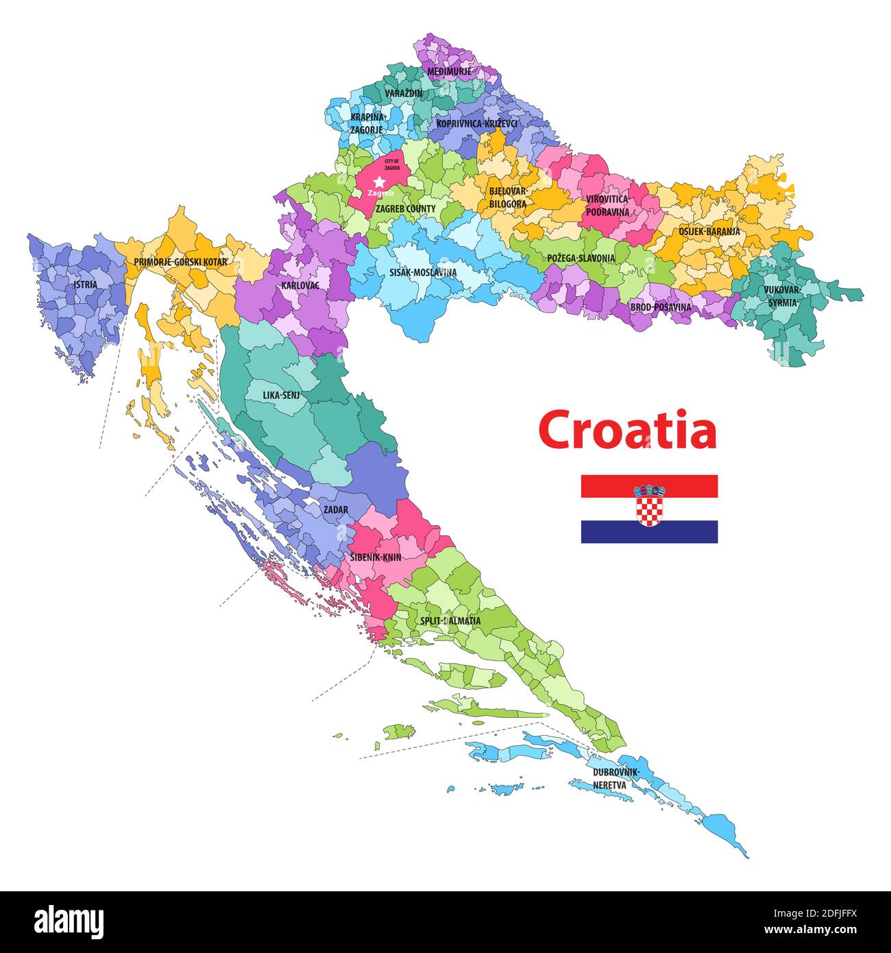 High detailed vector map of Croatia municipalities colored by counties. Flag od Croatia Stock Vector