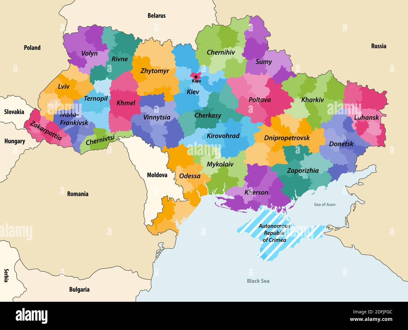 Ukraine regions (oblasts) with administrative divisions (raions) vector map with neighbouring countries and territories Stock Vector