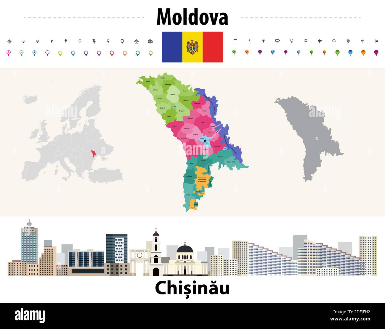 Moldova administrative divisions map. Flag of Moldova. Kishinev cityscape. Vector illustration Stock Vector