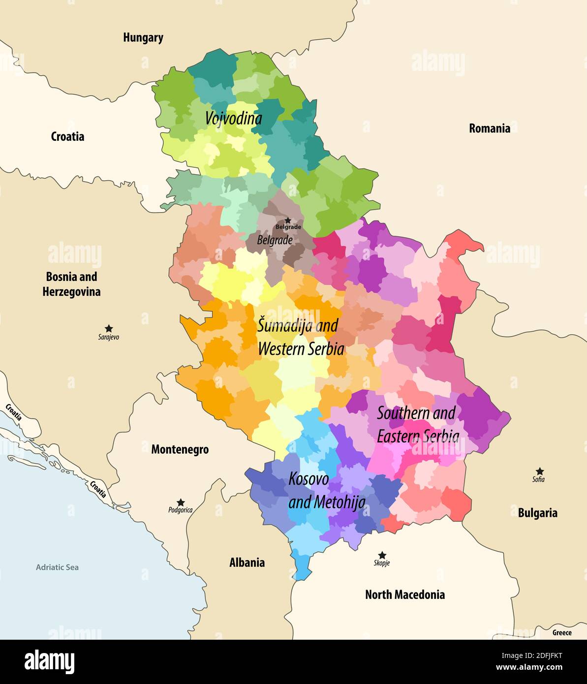 Districts (and municipalities) of Serbia colored by statistical regions vector map with neighbouring countries and territories Stock Vector