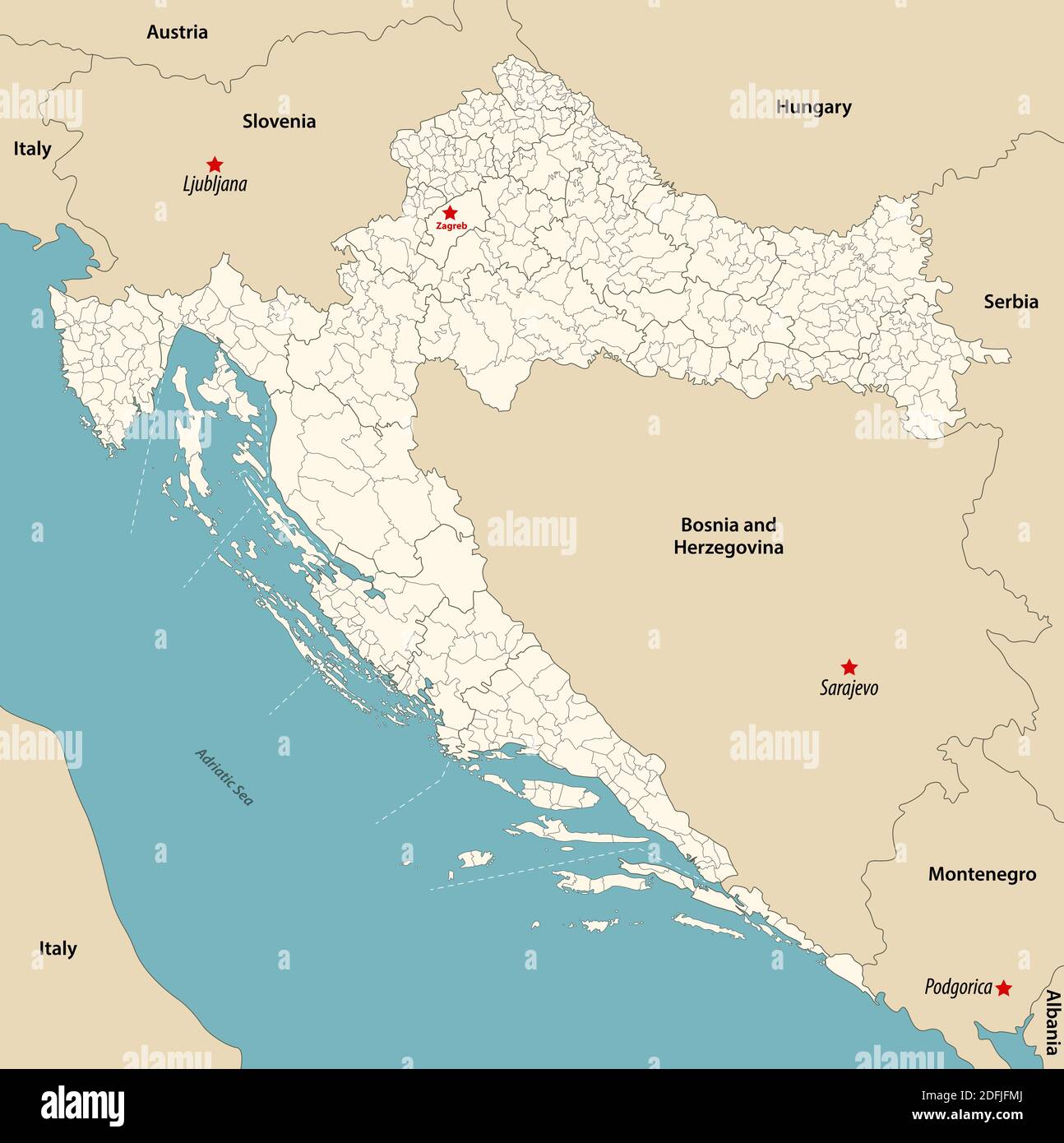 Vector map of municipalities of Croatia colored by counties with neighbouring countries and territories Stock Vector