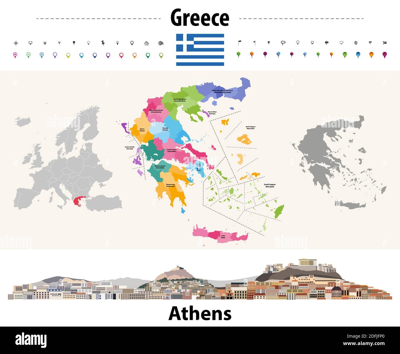 Greece administrative divisions map. Flag of Greece. Athens cityscape. Vector illustration Stock Vector