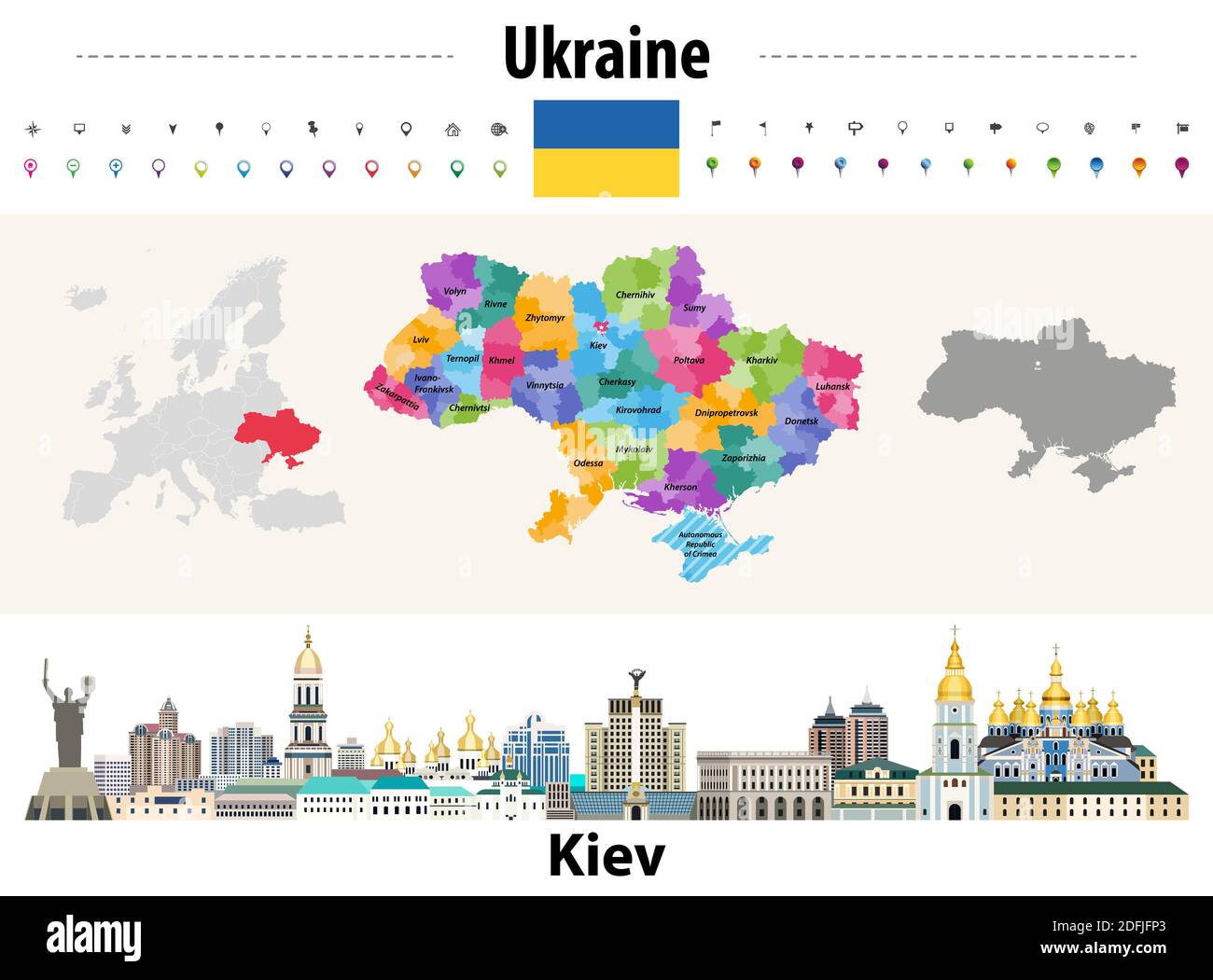 Ukraine regions (oblasts) with administrative divisions (raions) map. Flag of Ukraine. Kiev cityscape. Vector illustration Stock Vector
