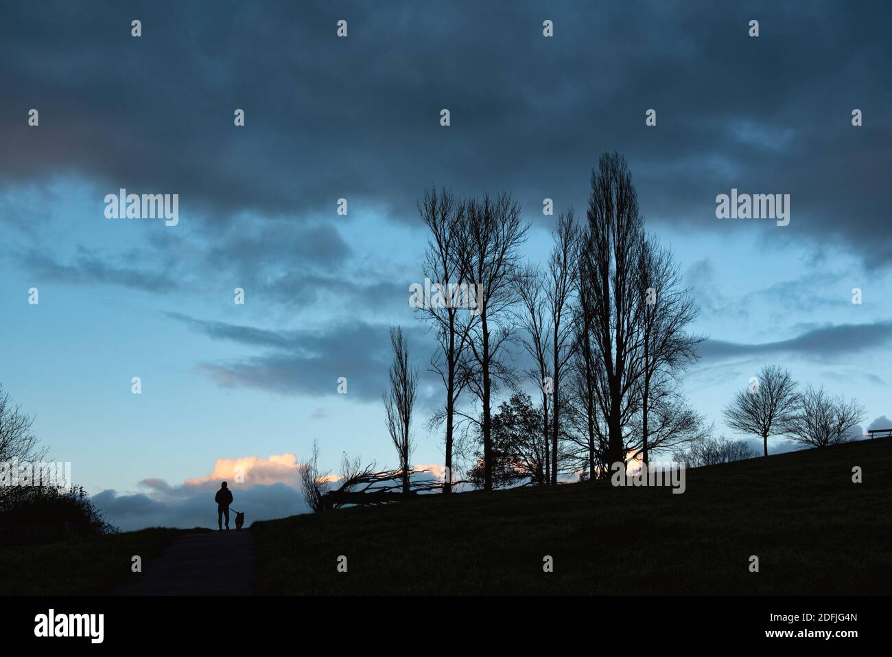 Man and a dog silhouette at the Church Fields Park, Harrow, England Stock Photo