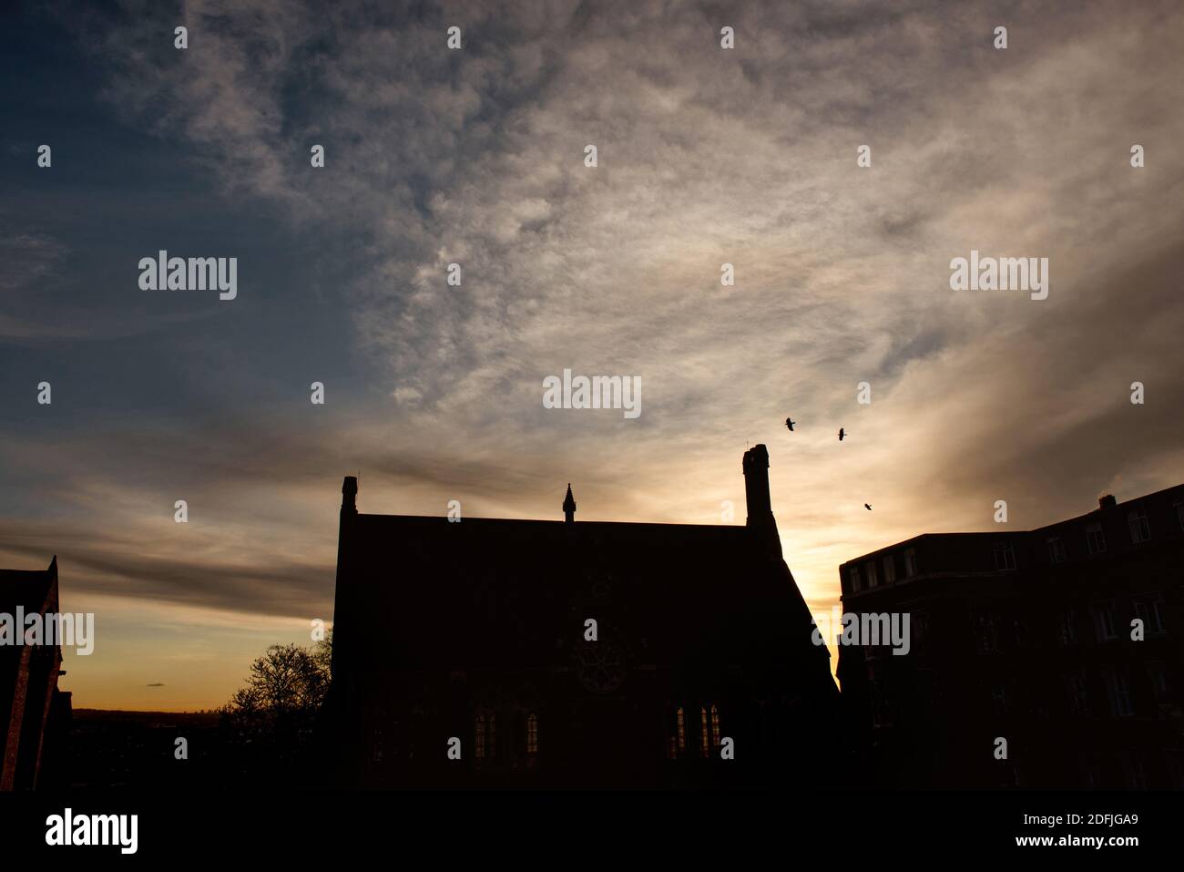 Golden sunrise over Vaughan Library building in Harrow on the Hill