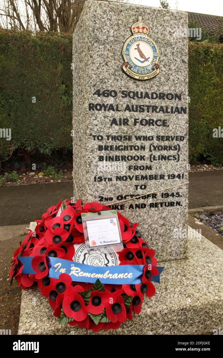 Memorial to 460 Squadron of the Royal Australian Air Force at Binbrook, UK, the base for this Lancaster bomber squadron for most of World War Two. Stock Photo