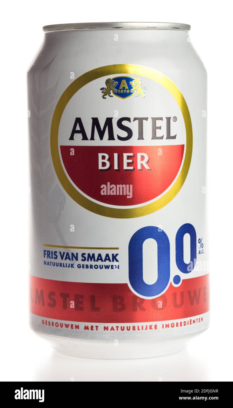 Can of Dutch Amstel nonalcoholic Pilsener beer isolated on a white