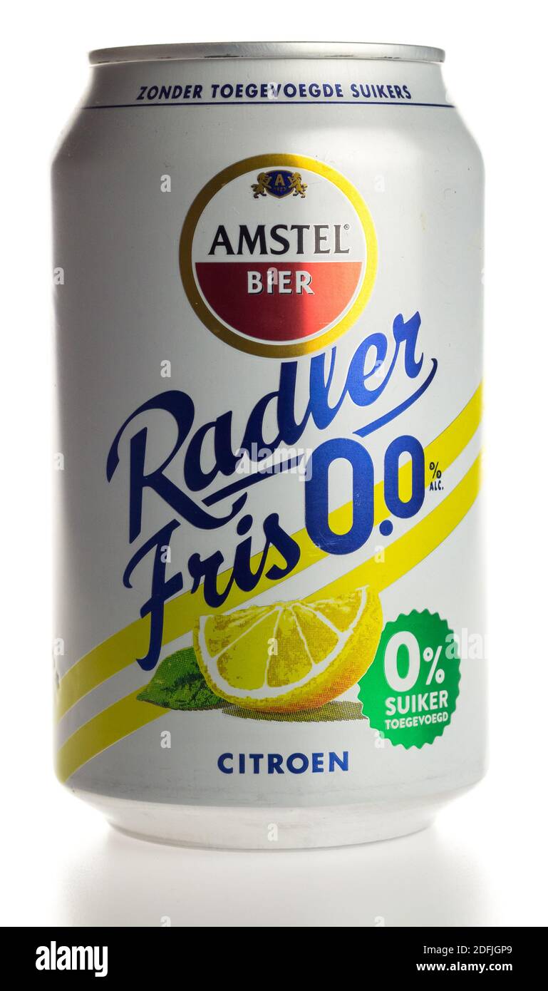 Can of Amstel radler non alcoholic lemon beer isolated on a white background Stock Photo