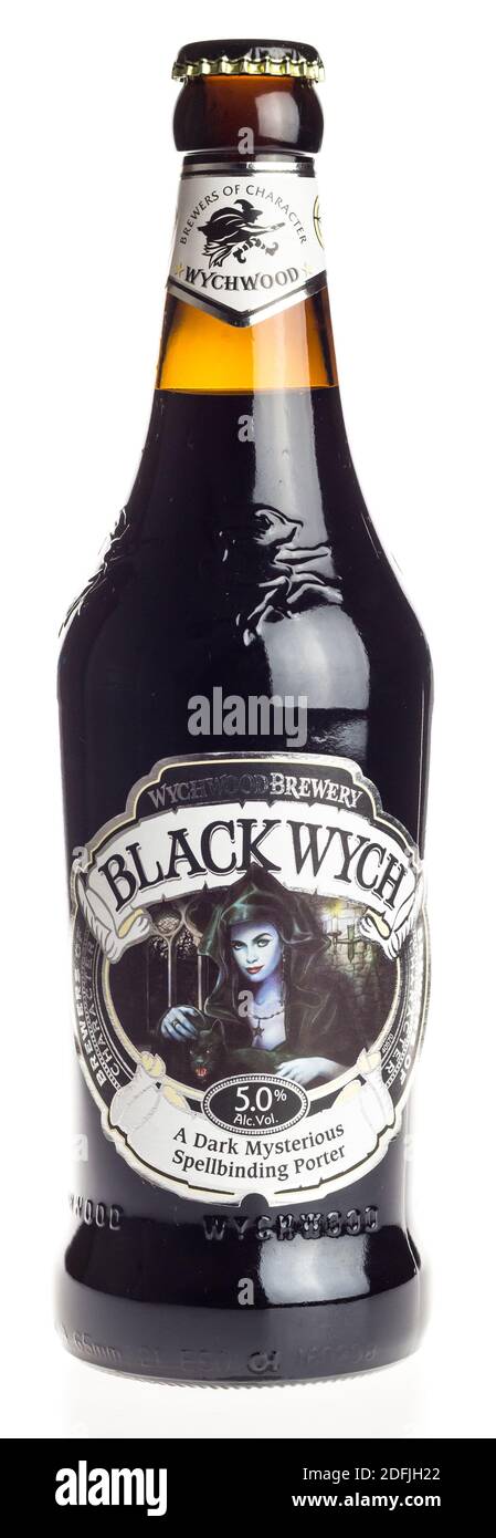 Bottle of english Wychwood Black Wych craft beer isolated on a white background Stock Photo