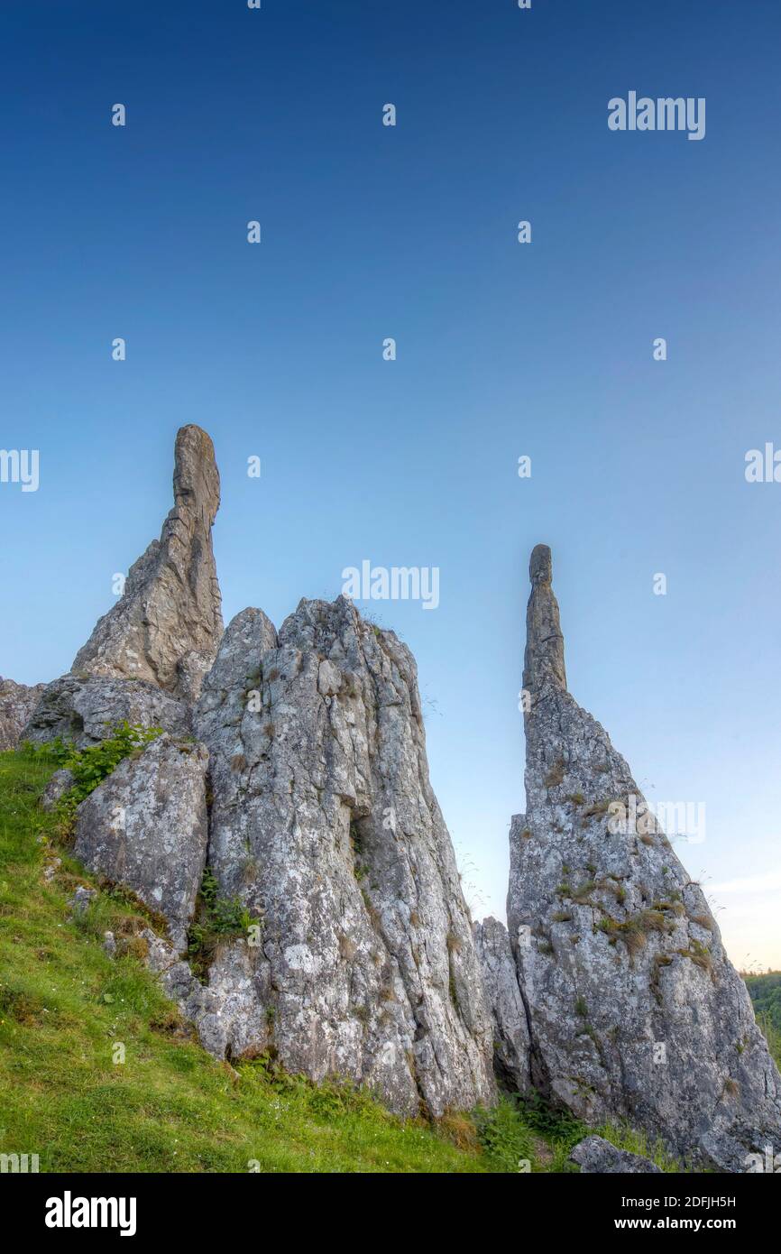 Steinerne Jungfrauen. Felsnadeln im Eselsburger Tal auf der Schwäbischen Alb bei Herbrechtingen. //  Deutschland, Baden-Württemberg, Herbrechtingen, 2 Stock Photo