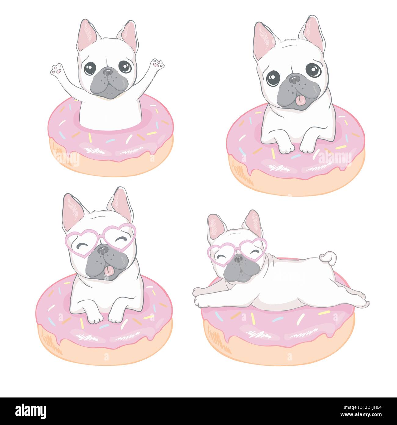 Cute bulldog and a donut on an isolated white background. Illustration, vector Stock Vector