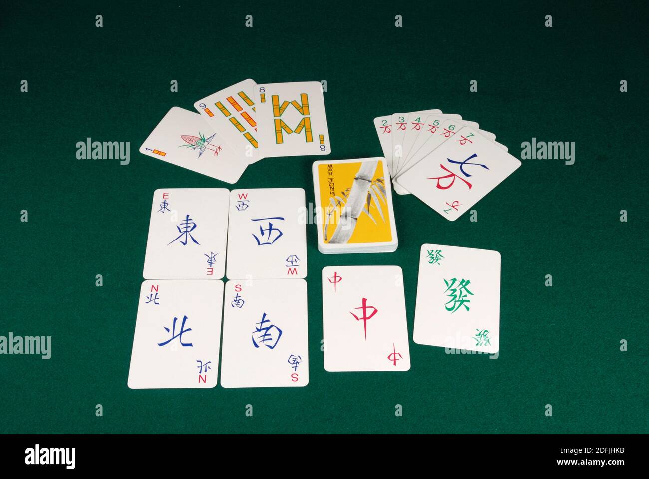 Mah-Jong, the chinese board game, can be played with Mah-Jong cards. A pack contains 144 cards representing the Mah-Jong tiles. Stock Photo