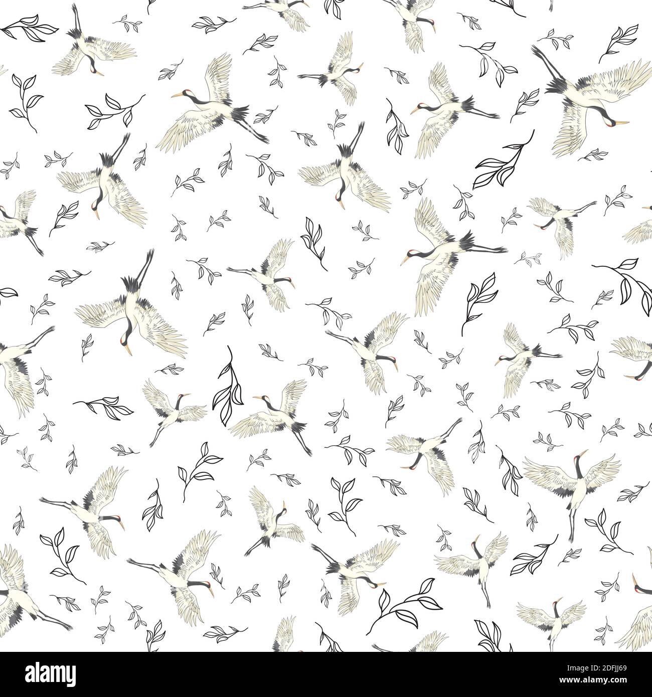 Seamless pattern with Japanese white cranes. Stock Vector