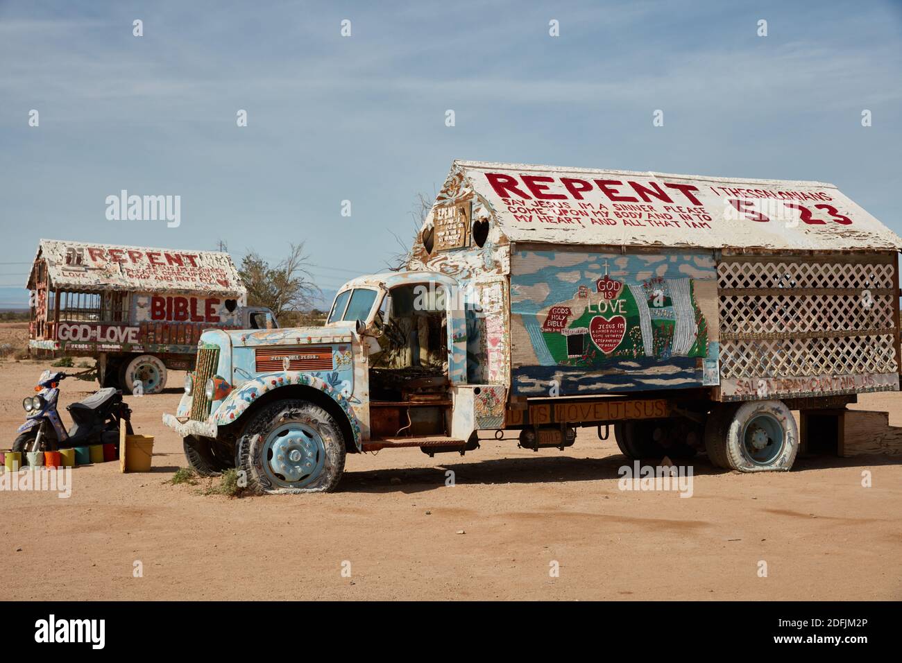 One of the trucks Leonard Knight lived in while creating Salvation Mountain Stock Photo