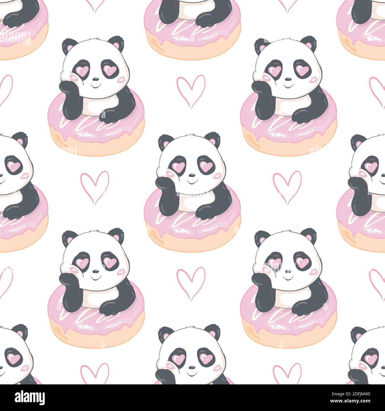 Beautiful panda holding a donut seamless pattern on a white background Stock Vector