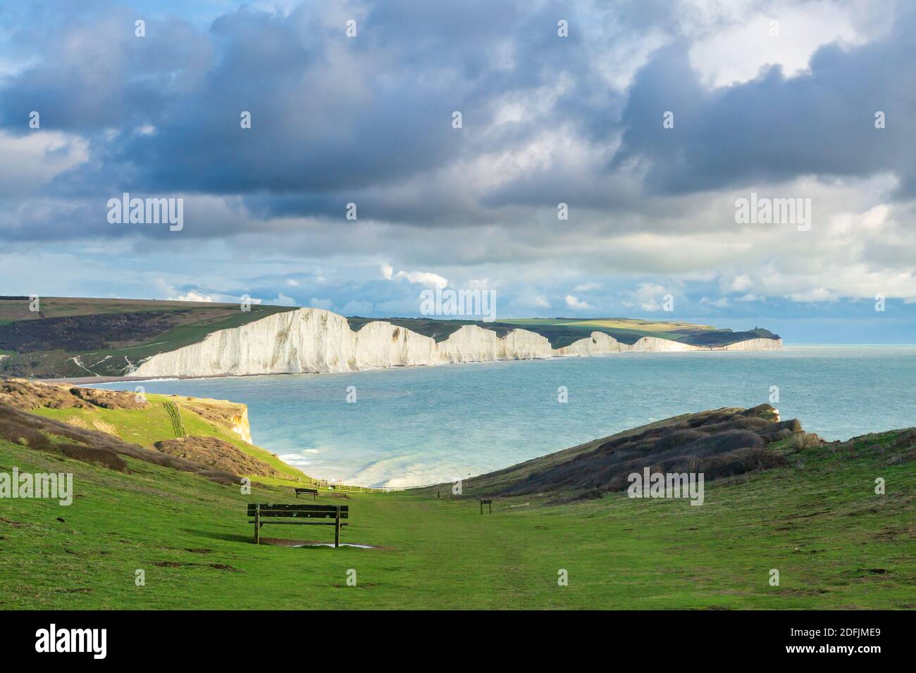 A view from Seaford Head of the Seven Sisters Cliffs on the Sussex Coast Stock Photo