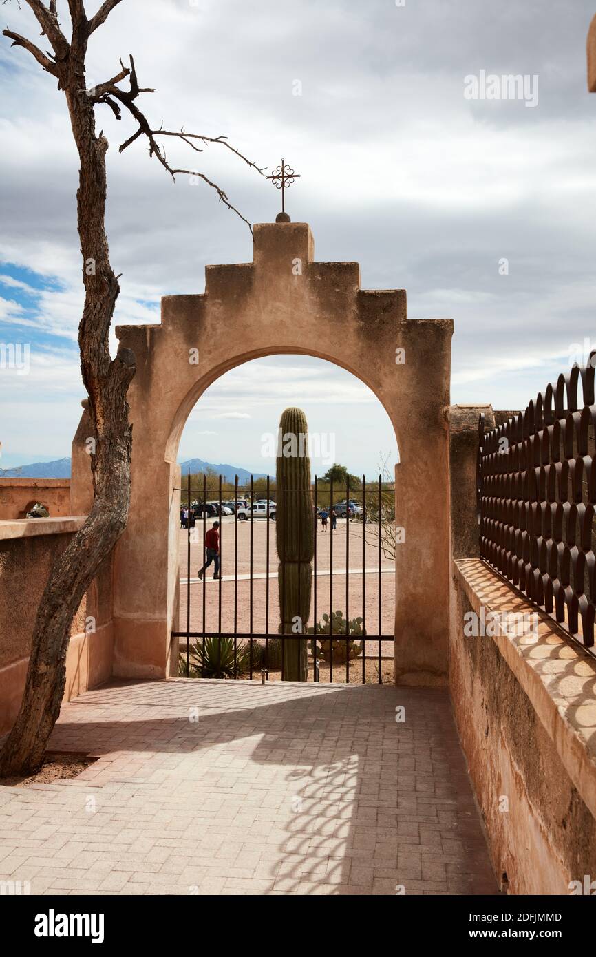 Cactus in an archway of San Xavier Del Bac mission, Tucson, Arizona Stock Photo