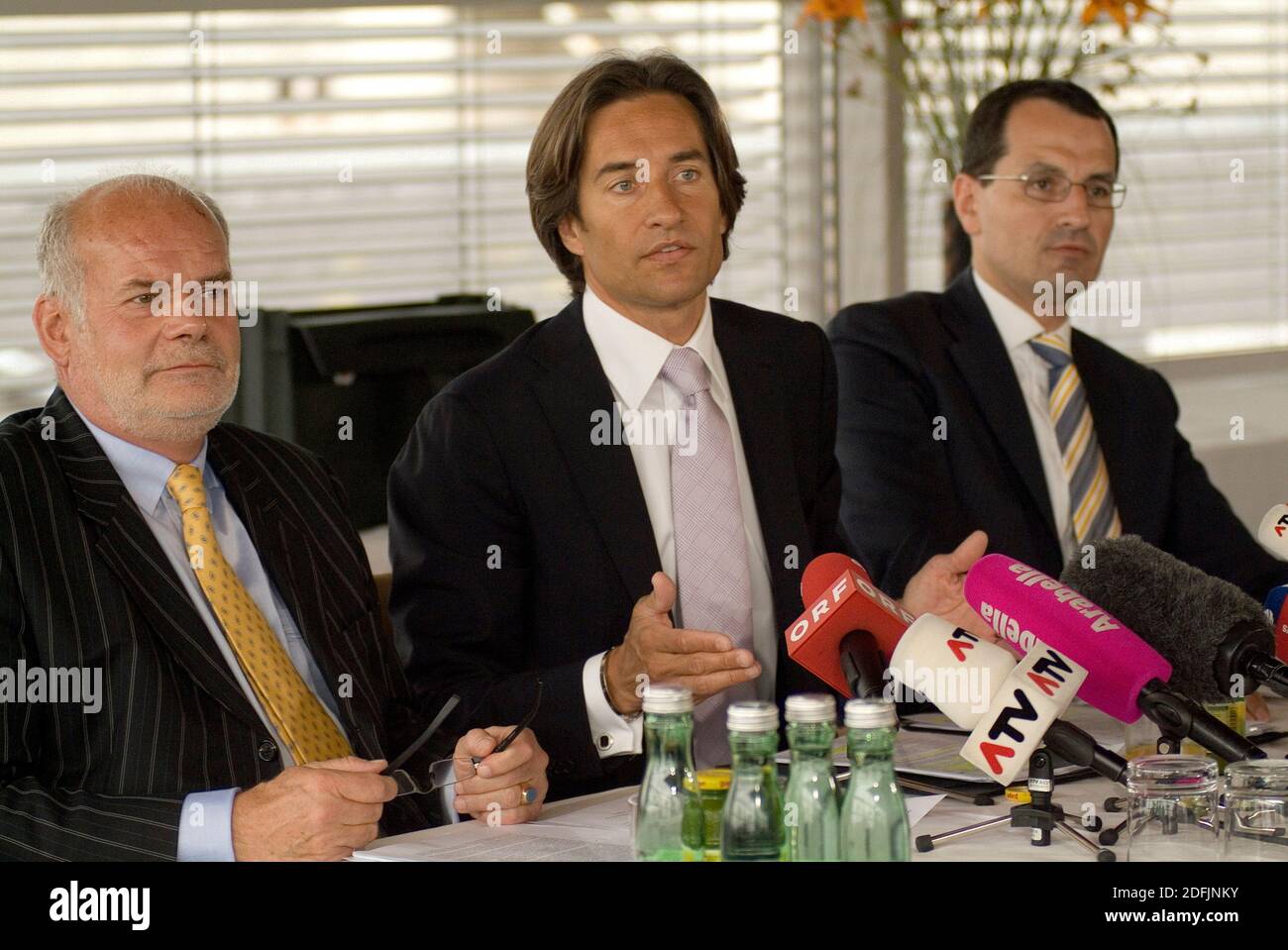 Archive picture from 3rd May, 2010. Former Finance Minister Karl Heinz Grasser was sentenced to 8 years in prison on December 4th, 2020. Picture shows (2nd of L) Karl Heinz Grasser at a press conference when he was already accused. In the picture (L) Dr. Manfred Ainedter and (R) Dr. Michael Rami Stock Photo