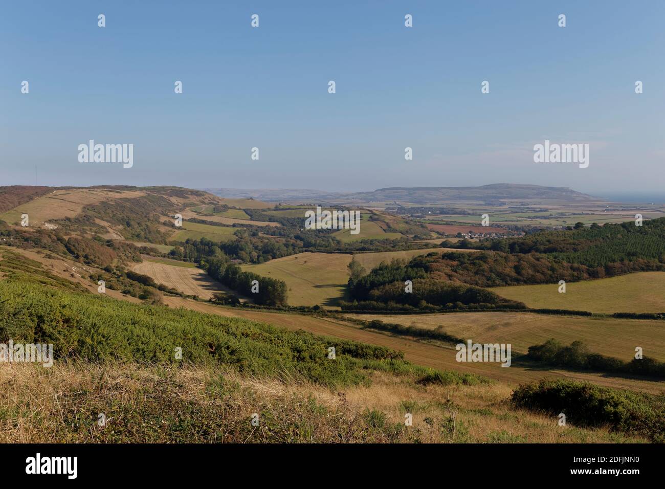 View of countryside and hills looking east from Compton Down Isle of Wight Stock Photo