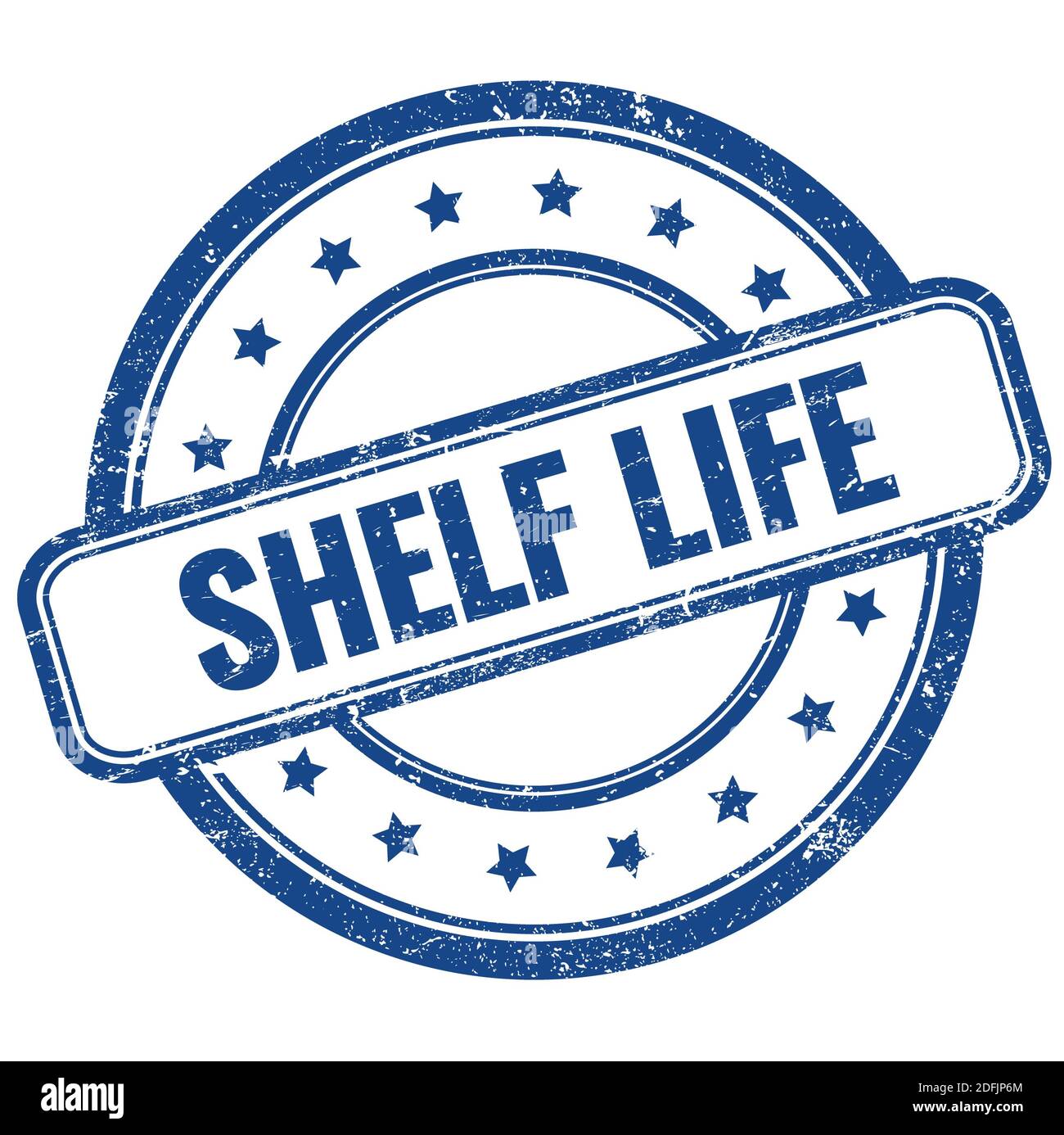 SHELF LIFE text on blue vintage grungy round rubber stamp. Stock Photo