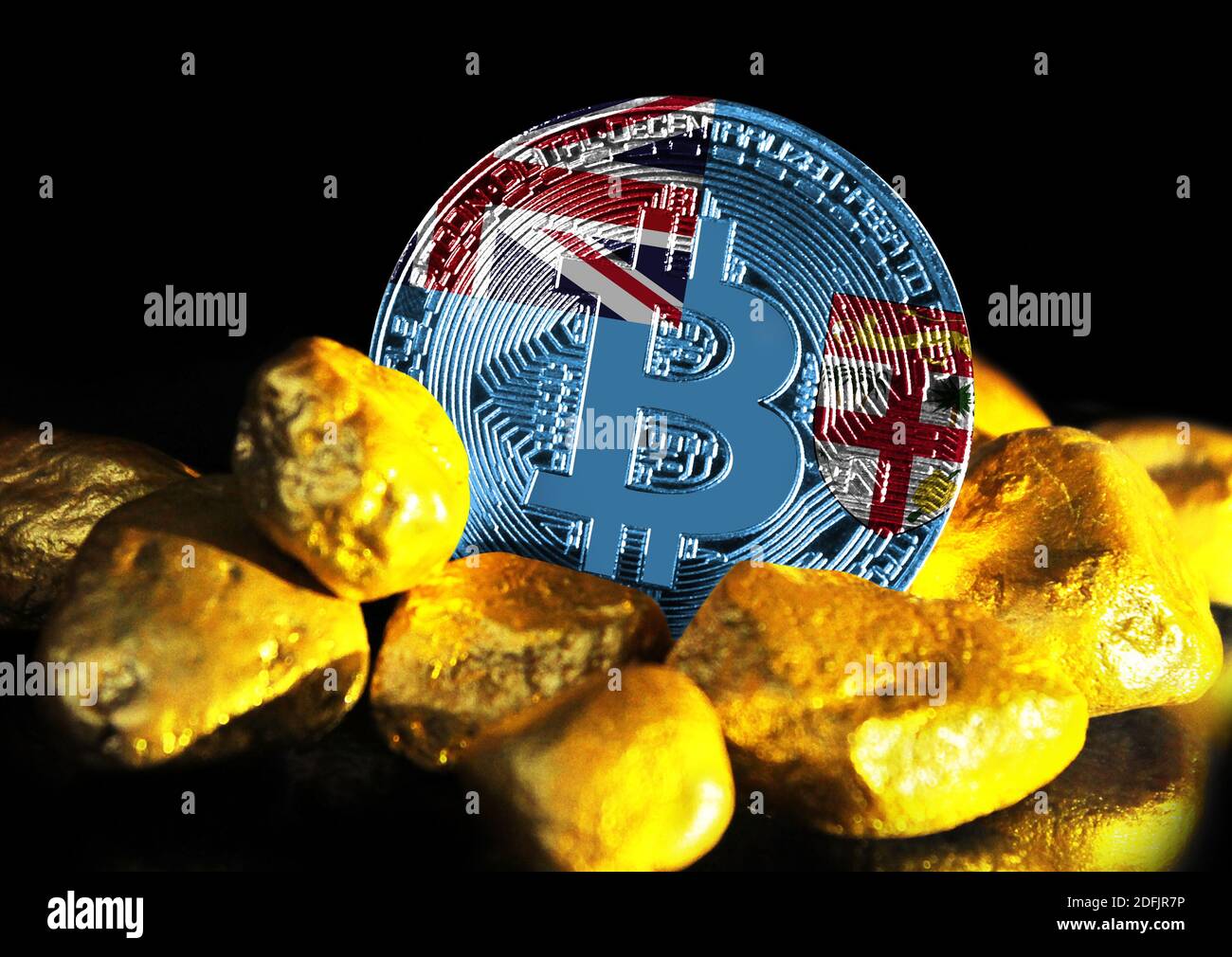Bitcoin is marked with the flag of Fiji, against the background of gold ore  Stock Photo - Alamy
