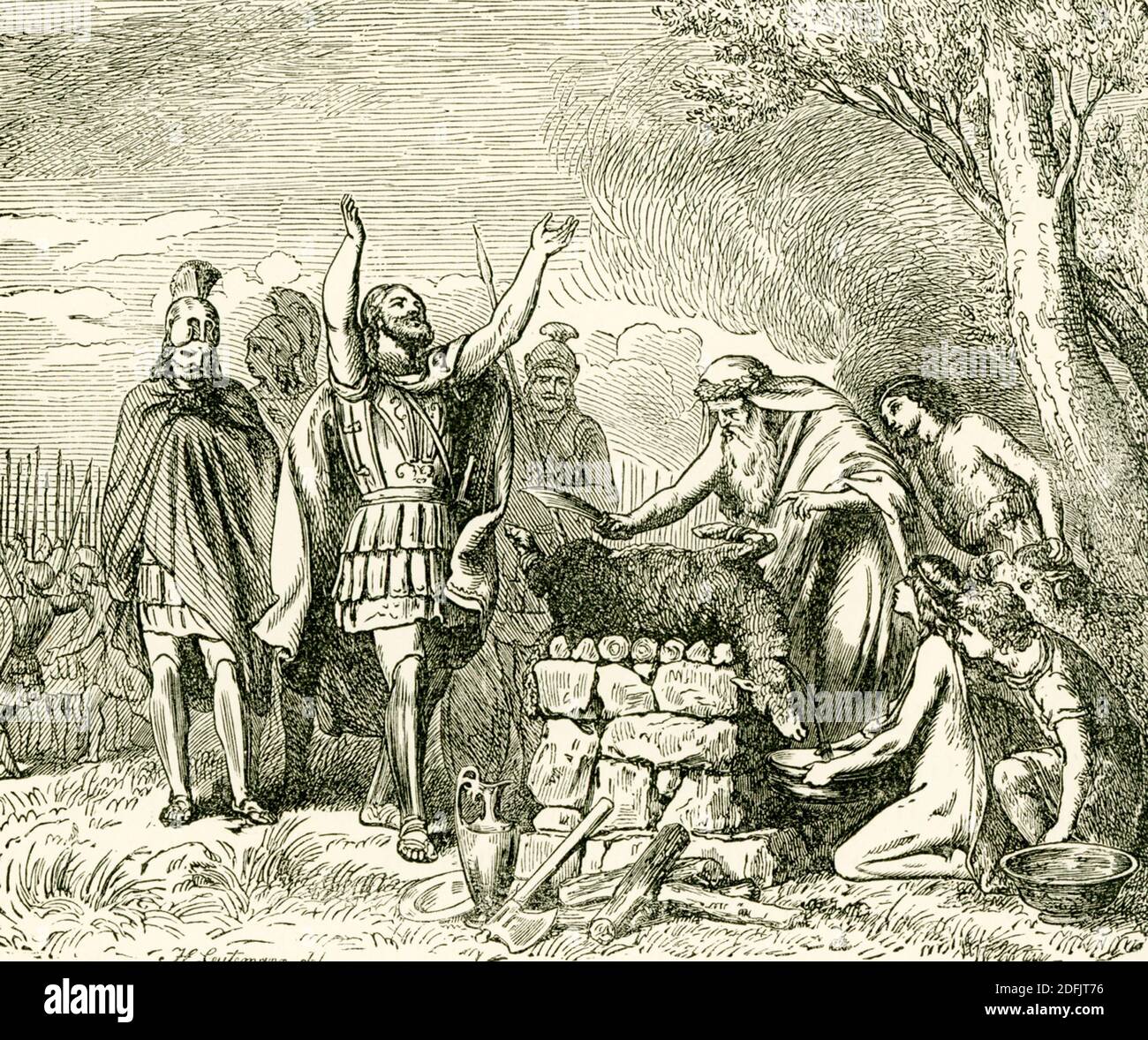 Fought in 479 B.C. between the Greeks and Persians, Plataea was the final land battle in the Persian War led by Xerxes (the first Persian War had been led by Xerxes' father Darius I). The Persians had been driven from mainland Greece after their defeat at Salamis. The Spartan general Pausanias commanded the Allied Greek troops. In this illustration dating to the late 1800s, Pausanias is sacrificing to the gods before the battle of Plataea. Stock Photo