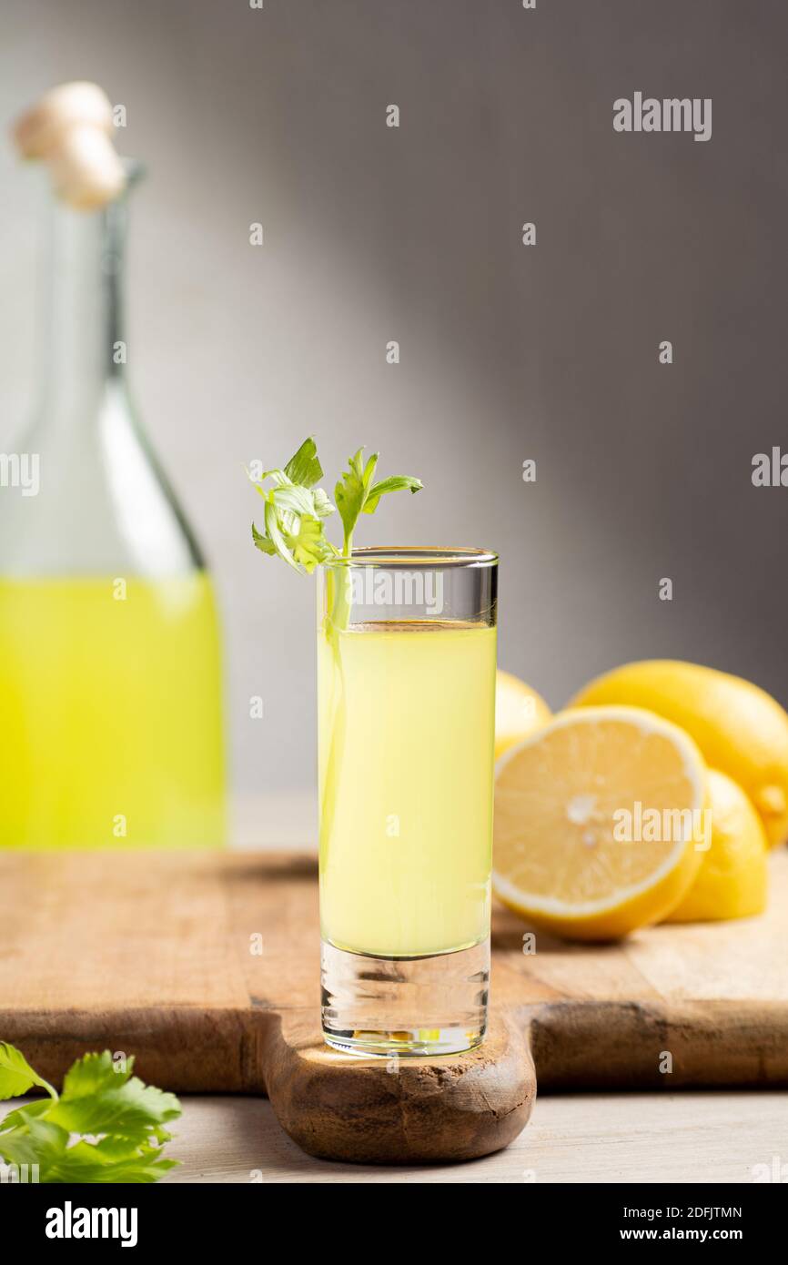 Traditional Italian liqueur Limoncello. Glass bottle with homemade