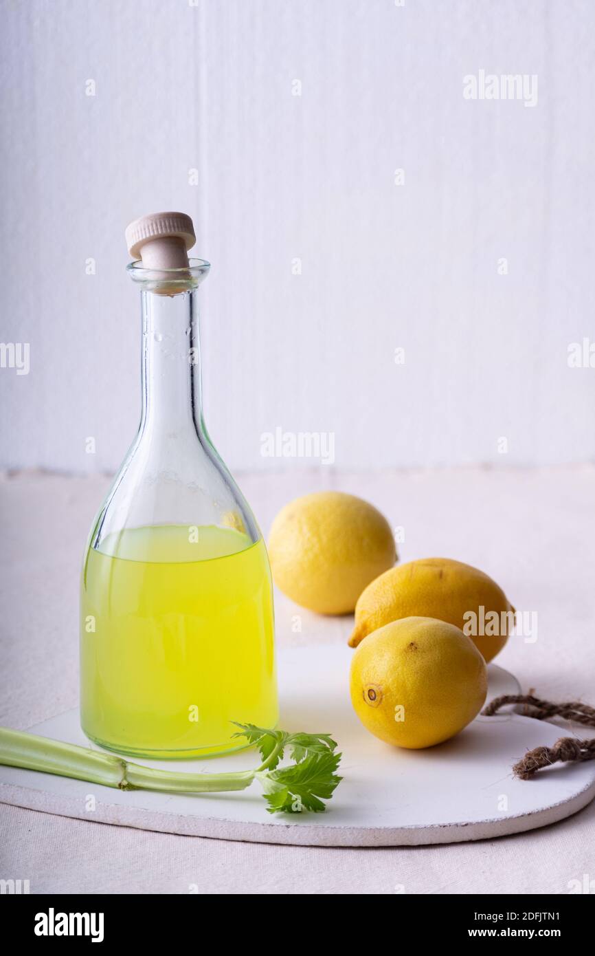 Traditional Italian liqueur Limoncello. Glass bottle with homemade