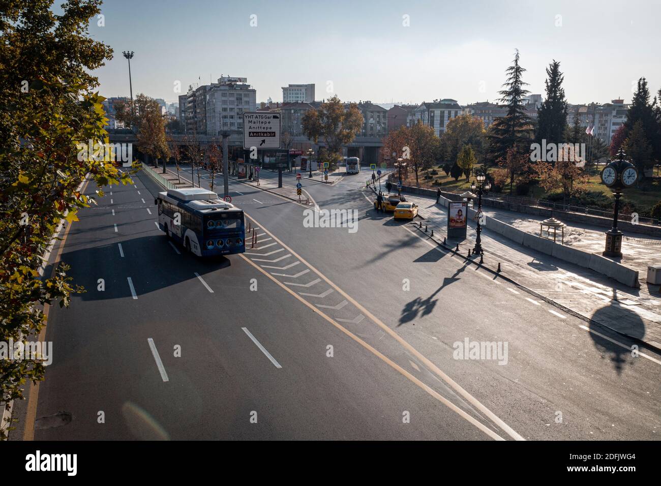 Atatürk Boulevard, one of the busiest routes in Ankara seen almost empty during the curfew.As a measure taken against the spread of covid 19, Turkey declared a curfew on Saturdays and Sundays excluding transportation services and hospital operations. Police fines 3100 Turkish Liras (TL) to those that don’t obey. Stock Photo
