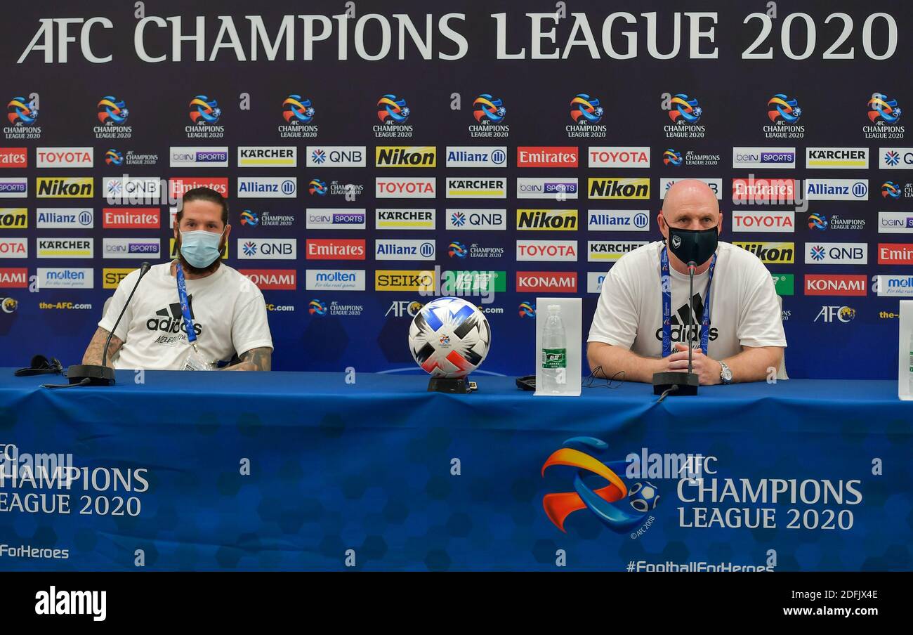 Doha Qatar 5th Dec 2020 Stephen Kean R Head Coach Of Melbourne Victory And Player Acob Butterfield Attend The Press Conference Ahead Of The Round Of 16 Match Between Ulsan Hyundai Fc