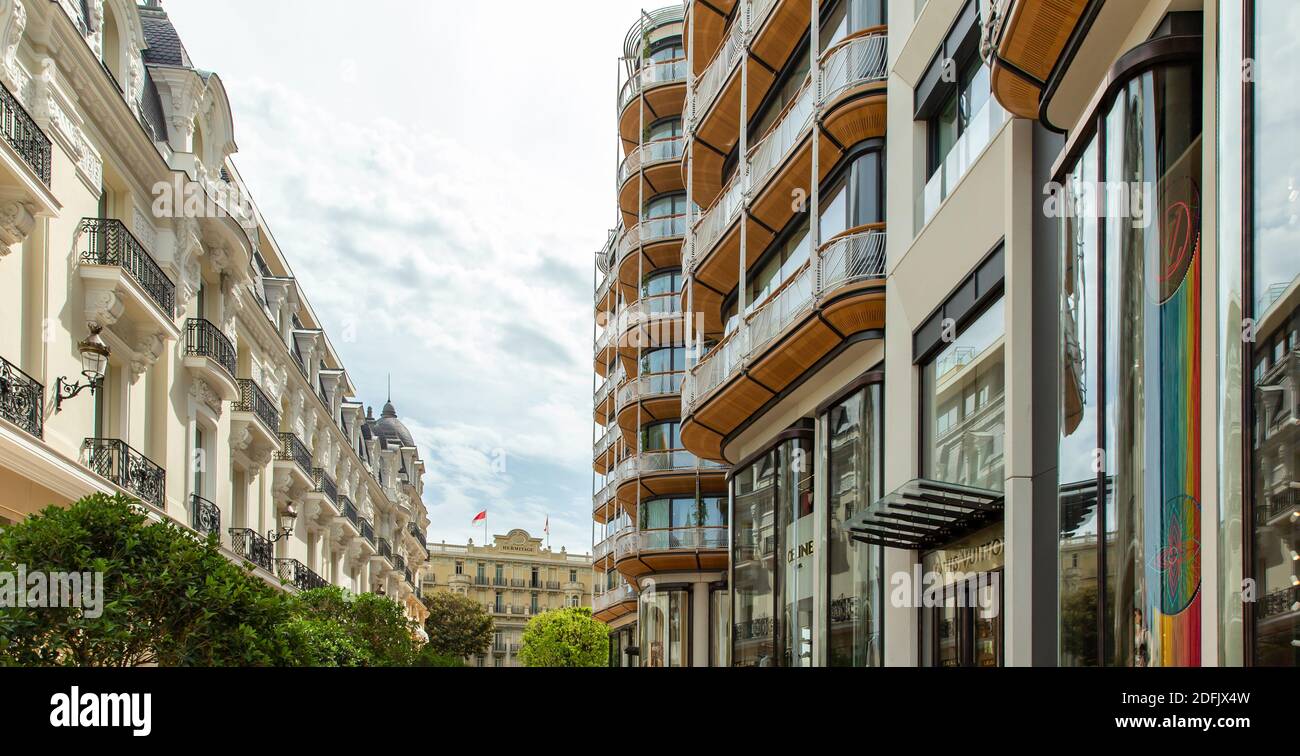 Monaco, Monte-Carlo, 09 July 2019: Facade of the new residential quarter of One, magnificent apartments, a foot zone with a large number magnificent Stock Photo