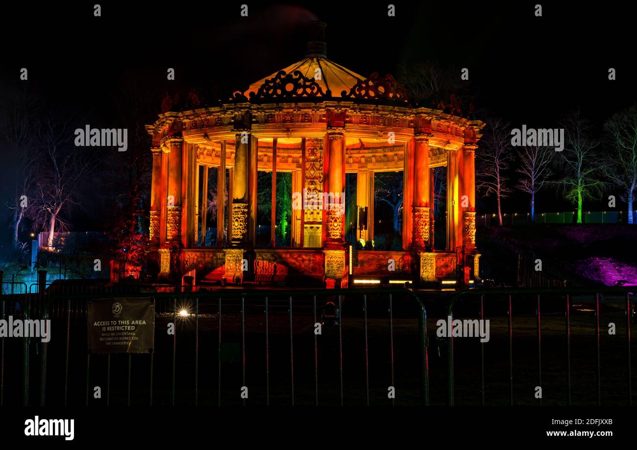 Dalkeith Country Park, Midlothian, Scotland, UK, Spectacle of Light: The second year of the Christmas light display on its opening night. There is an illuminated trail  in the woods and the ruined Orangerie is lit up with colourful lights Stock Photo