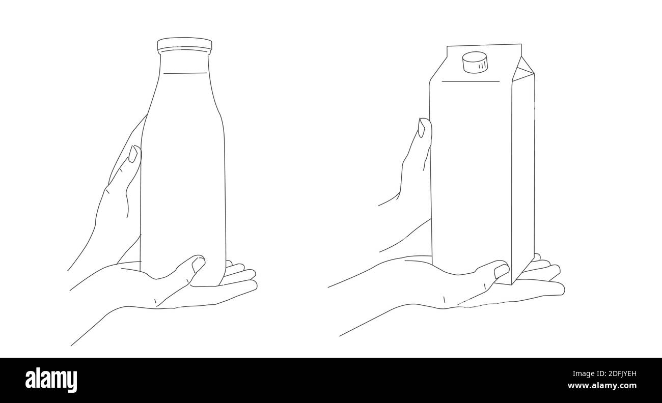 Vector illustration linear, hand holding bottle of milk, hand hold tetrapack of milk or juice, hand drawn line sketch, advertising presentation Stock Vector