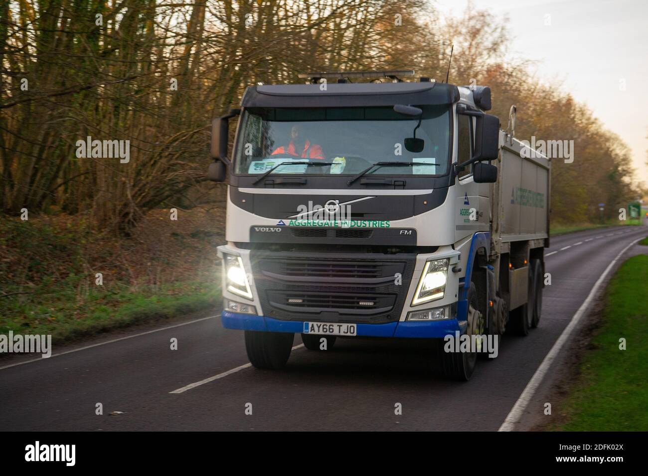 Wendover, Buckinghamshire, UK. 1st December, 2020. Another HGV delivery for HS2 thunders along the A413. There are huge numbers of HGVs using local roads in Buckinghamshire delivering and removing soil from HS2 sites. The High Speed Rail link from London to Birmingham 693 wildlife sites, 33 SSSIs and 108 ancient woodlands at risk. Credit: Maureen McLean/Alamy Stock Photo