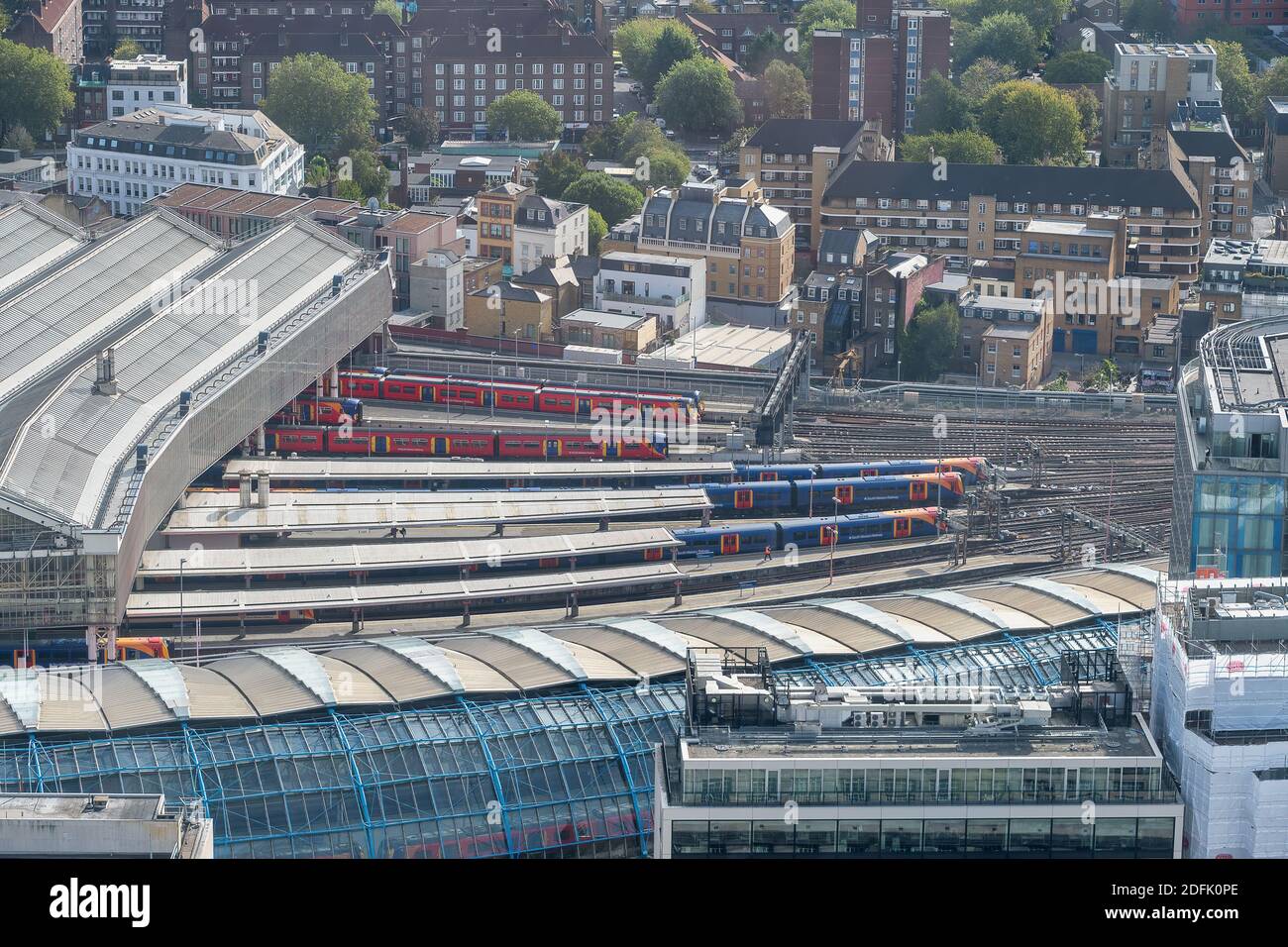 LONDON, UNITED KINGDOM - SEPTEMBER 28th 2020: Aerial view of Waterloo station in London which is served by South Western Railway Stock Photo