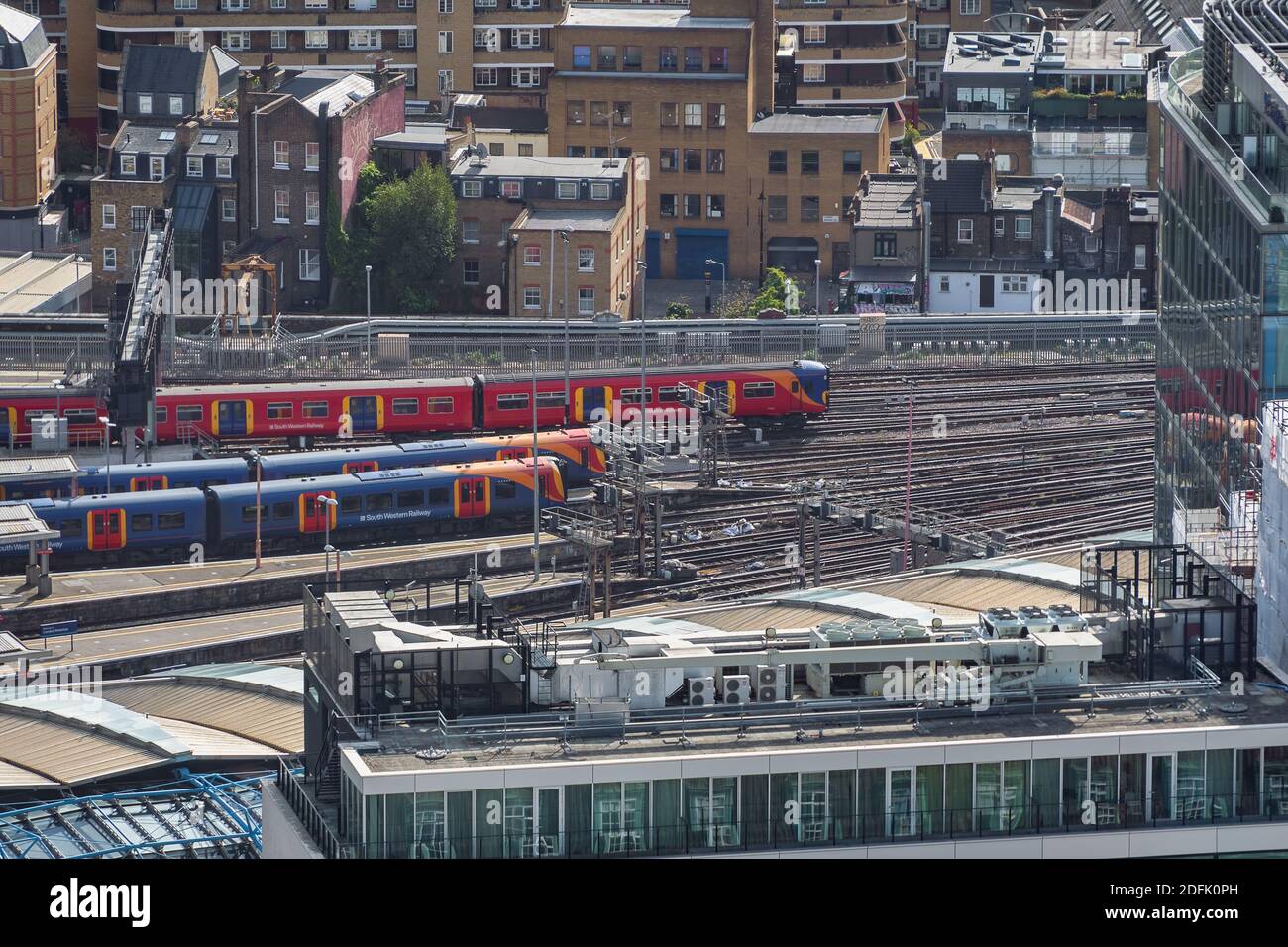 LONDON, UNITED KINGDOM - SEPTEMBER 28th 2020: Aerial view of Waterloo station in London which is served by South Western Railway Stock Photo