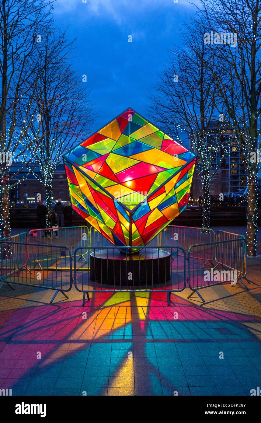 5 December 2020 - London, UK, Connected by Light curated light art installations on display, Colour Cubed by Mandylights in Canary Wharf Stock Photo