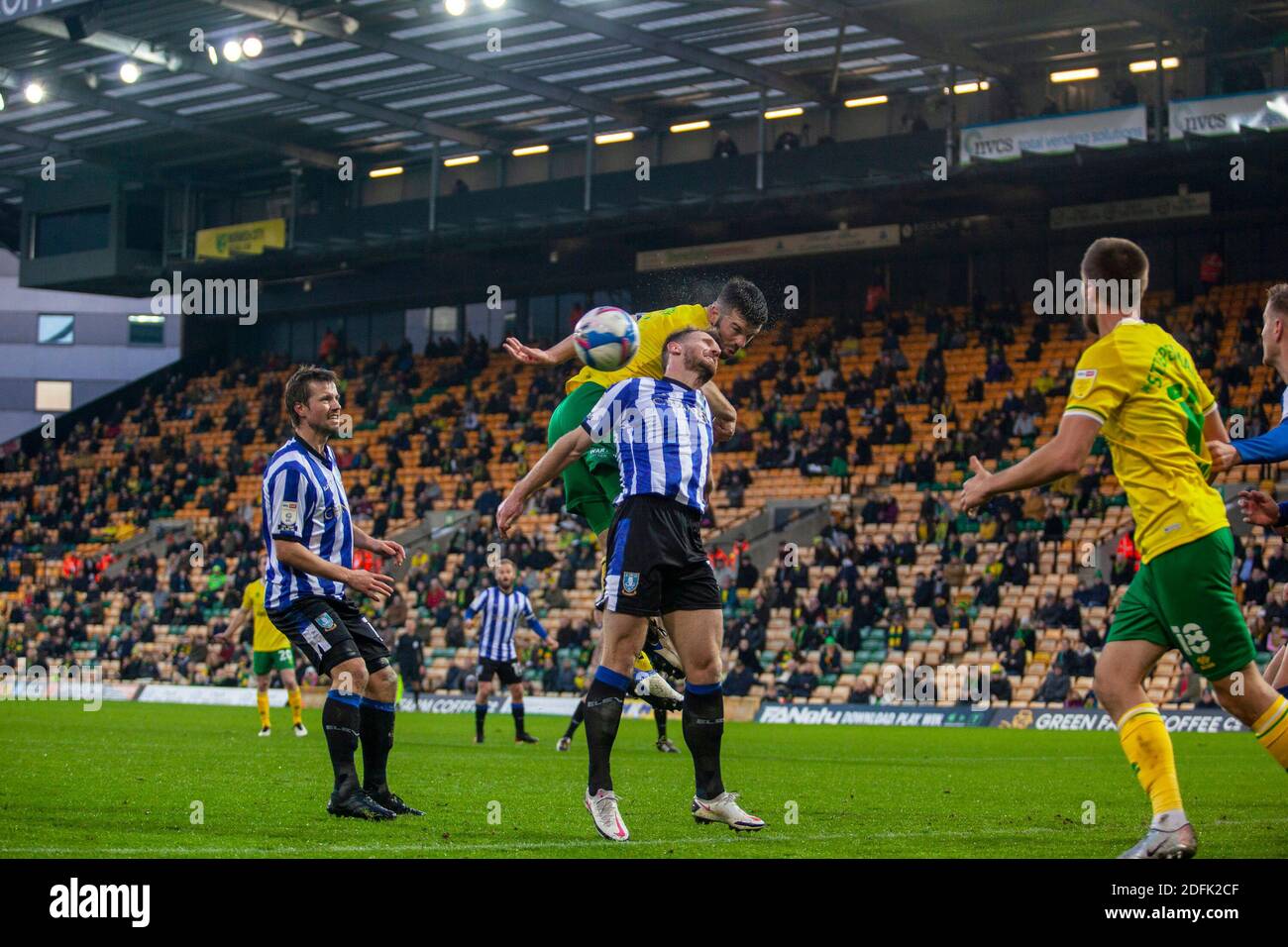 5th December 2020; Carrow Road, Norwich, Norfolk, England, English Football League Championship Football, Grant Hanley of Norwich City attacks a corner in the first half. Stock Photo